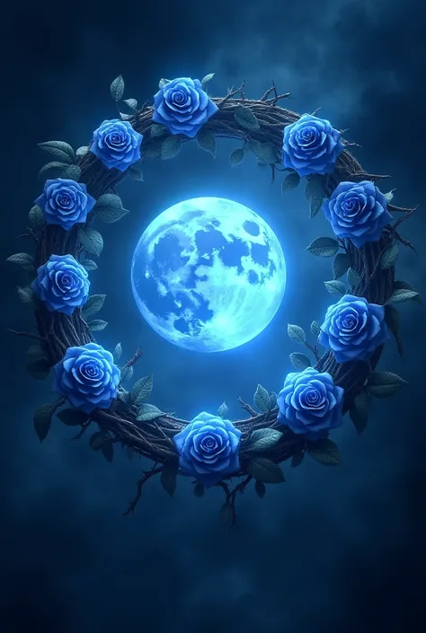 Lots of blue roses entwined with the moon, mysterious falling light game icon, wreath shaped night sky