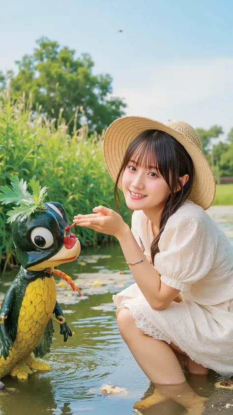 "A playful countryside girl with short brown hair, wearing a straw hat and a yukata with water lily patterns, sitting on a riverbank. She dangles her feet in the water while a friendly kappa with a leafy plate on its head offers her a freshly caught fish. ...