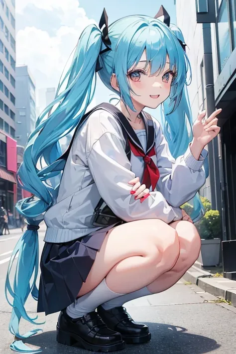 1 girl, squatting,  smiles,  miniskirt, white underwear,blue hair,  open your mouth slightly, anime style, Outdoors, twintail, sunny, street, 