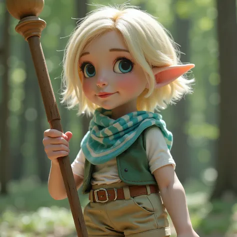 (best quality,4k,8k,highres,masterpiece:1.2),ultra-detailed, female gnome, short blond hair, blue eyes, light blue scarf with white stripes, khaki cargo shorts, green vest, wielding an orbstaff, short girl, small girl, HDR, 8k, absurdres, cinestill 800, sh...