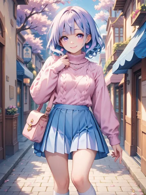 1girl, masterpiece, top quality, detail body, detail face, detail fingers, short vibrant blue hair, soft light purple eyes, pastel loose knit sweater, pleated skirt, thigh-high socks, crossbody bag, gentle smile, dreamy and delicate aura, cool pastel tones...