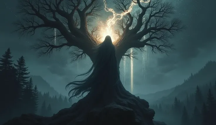 Witch Animal , ,Forest on top of a giant tree , black fire aura with black ,  energy black fire with black during a dark night, Epic scenario ,  Negra in Flames Preta Overnight Lots of Flames Preta Heavy Metal, Fogo Textura Abstrata Fundo Preto Linha branc...