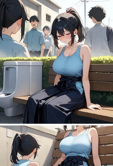 Big Breasts,50-year-old women,, light blue tank top from various perspectives, sitting on a bench , tired face, black ponytail on top of hakama, masterpiece, top quality, LATEST ANIME , public toilet ,Outdoors .safe