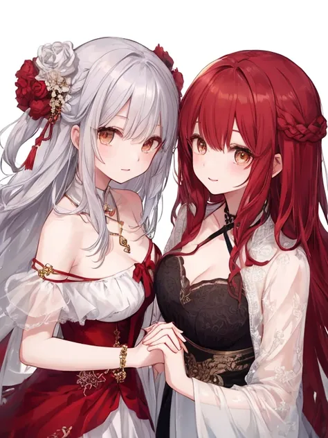  top quality、 detailed background 、 2 people 、 in the middle of the chest、  long silver hair、  Long Red Hair 、 brown eyes、 younger sister、 hold my hand tightly、clavicle