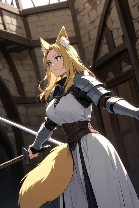  medieval times , Mature female housewife, Fox ears above the head,  yellow hair, Fox tail on the butt, Light armor,  unexposed clothes, holding a sword,  looking straight ahead