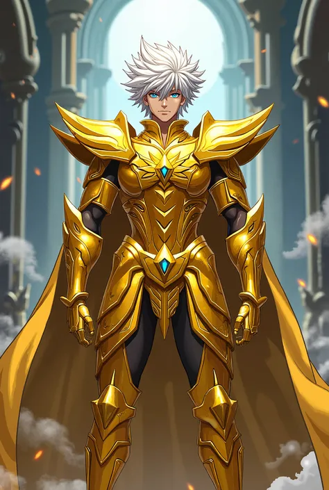 Gojo Satoru,  jujutsu kaisen, wearing the golden armor of the Virgin  , From Saint Seiya .

  Gojo being the golden knight of the Virgin.