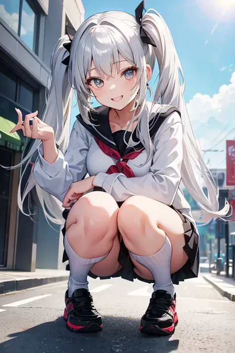 1 girl, squatting,  smiles,  miniskirt, white underwear,silver hair,  open your mouth slightly, anime style, Outdoors, twintail, sunny, street, 