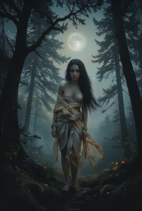 A hauntingly beautiful Mohana, a ghostly seductress of Himalayan folklore, stands deep within an ancient mist-covered forest under the eerie glow of the full moon. Her long, flowing black hair cascades over her shoulders, appearing to merge with the mist t...