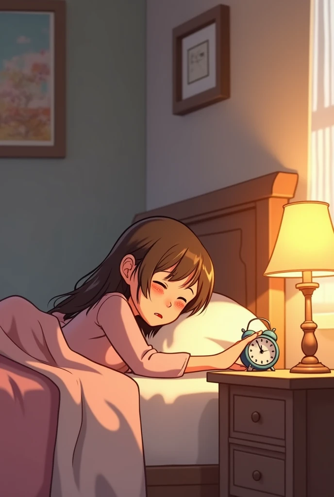 2d animation of a girl reaching for her alarm on a bed side table