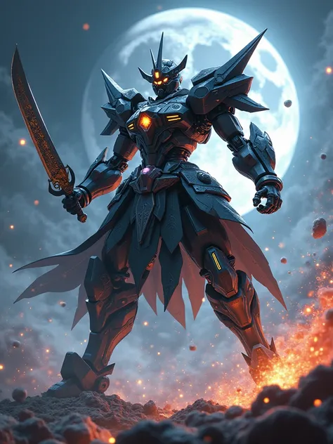 universe、moon、samurai、knife、A humanoid mecha wearing a helmet、 Tsuba Clash 