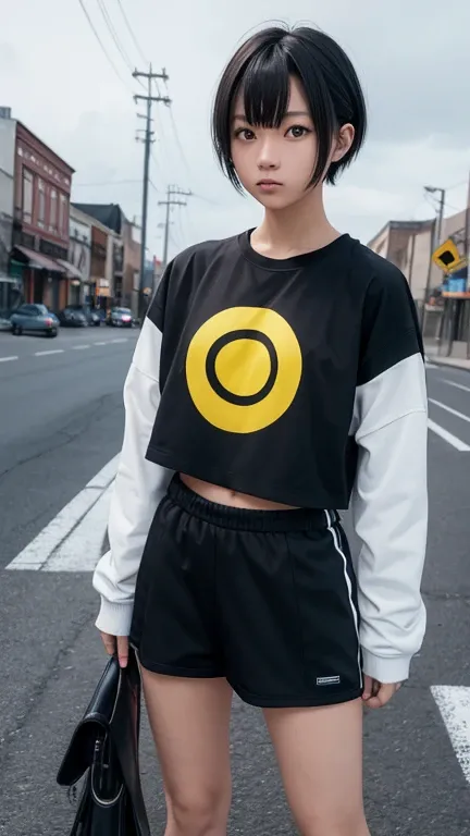   Hi-Res,   boyish,    in the seat,  black hair, Sporty shortcuts,   asymmetrical hairstyle  ,  Asymmetrical bangs,   yellow eyes,  Eyes with three beautifully shaped circles in the middle,  Skater Style Street Fashion, slightly oversized bottoms,  is stan...