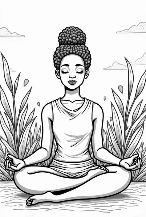 Make a coloring image of "A peaceful African woman sitting in a lotus pose, eyes closed, meditating with her curly hair pulled into a bun."