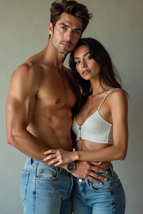 handsome male model with beautiful female model, style in shirtless wear jeans 