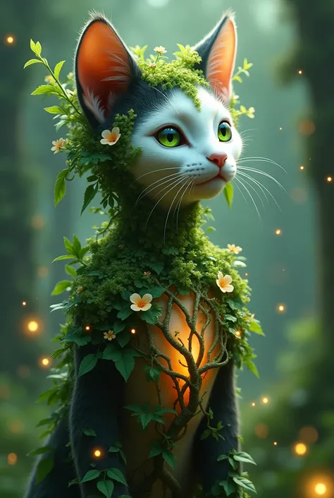 A mesmerizing animation of a mystical humanoid cat standing in an enchanted forest. The left side of its face is covered in lush green moss, ferns, and small glowing flowers, while the right side reveals sleek white fur with dark patches. Vines and tiny bl...