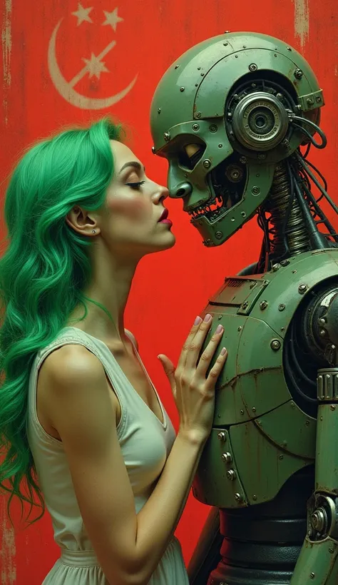 a green hair woman flirting with a CCCP robot, soviet union iconography, in the style of American scene painting, grotesque caricatures, group f/, militaristic realism, 1970-present, clock-punk, argus c3