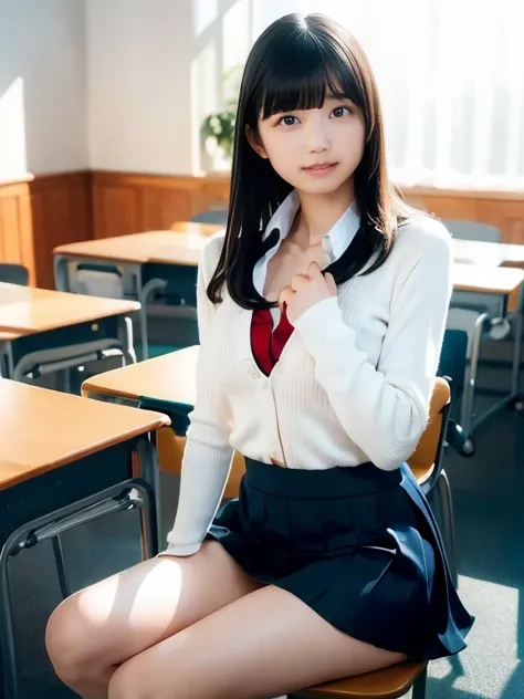 ((classroom)), ((Sitting with legs crossed)), (nsfw), ((masterpiece)), ((Best Quality)), (Super detailed), cute, (device), ((Very detailed)), 4K, (8k), Best Quality, (beautiful), Genuineistic, Genuine, Angry face,Tears, bangs,Small breasts,School Costume,S...