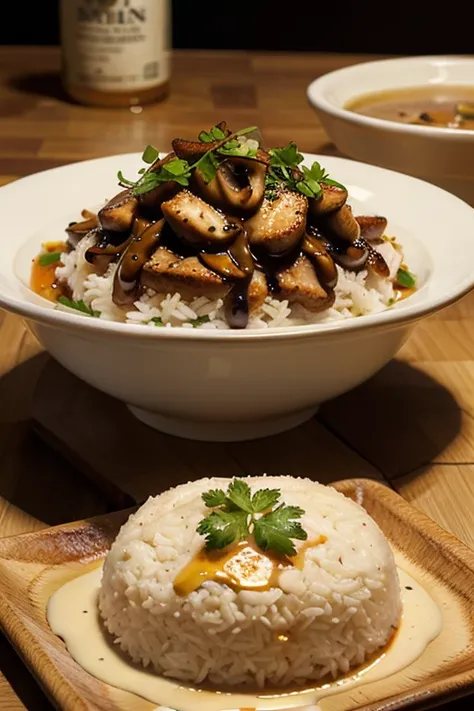 Make a picture of rice with honey mushroomsauce chiken and all of condiment