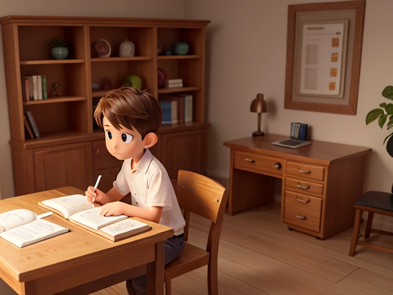 A boy is working on an assignment at a wooden study desk