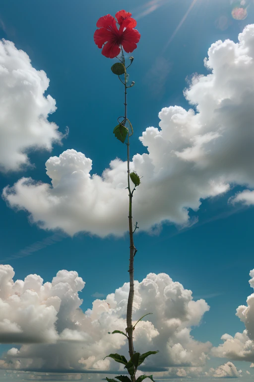 hibiscus grow in clouds, the flower upside of clouds non realistic