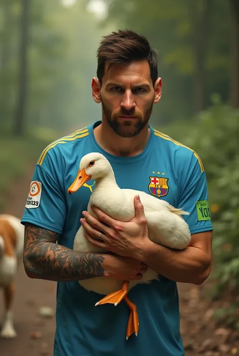 Now play Messi carrying a duck but make it look like in real life wearing a pumas shirt and a dog next to him