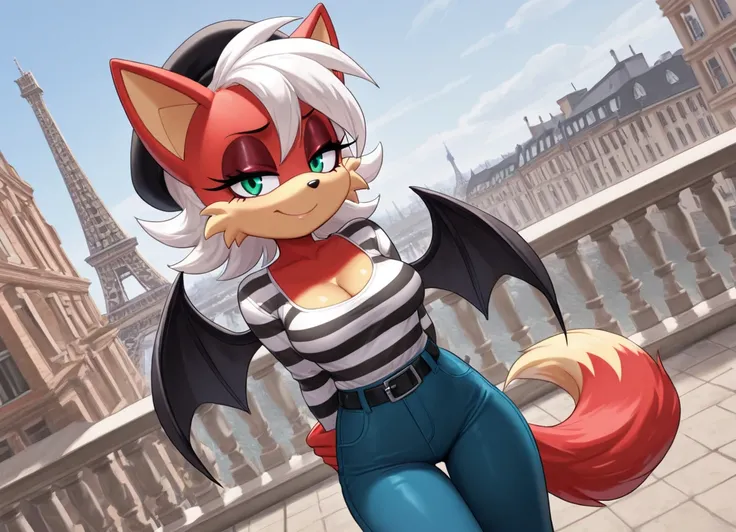 masterpiece, best quality, amazing quality, very aesthetic, absurdres, source furry, ((Fiona the Fox )), ((short body)), half closed eyes, cyan eyes, blue eye makeup, (looking at viewer), bare hands, tight black and white striped mime shirt, long sleeves, ...