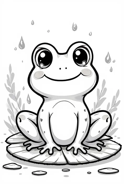 A cute and cozy illustration in kawaii coloring book style. In black and white for coloring. Rounded lines, simple and soft outlines, friendly expressions, and a minimalist touch. The scene shows a happy little frog sitting on a lily pad, with tiny water d...