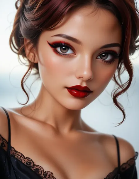  score_9,  score_8_ up,  score_7_ up, ( by Nomi:1.4),  1 girl,
¾ view ,
 headshot ,
 22-year-old woman,  beautiful, sweet,
 burgundy lipstick,  mascara,  eyeliner,  Dark Eye Shadow ,
 Cinematic Stills ,  High Precision,  super detailed, photo by Nomi,
  fo...