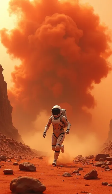 fast-paced action shot of a female astronaut running away from a red sandstorm on Mars, muse, stunning, intricately detailed, beautifully color-coded, unreal engine, octane render