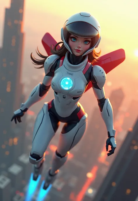 3D cartoon art. A beautifully designed and sophisticated female android soars through the skies of a futuristic city. Her sleek, aerodynamic armor is primarily white, accented with red and black, forming a high-tech bodysuit. A glowing blue energy core is ...