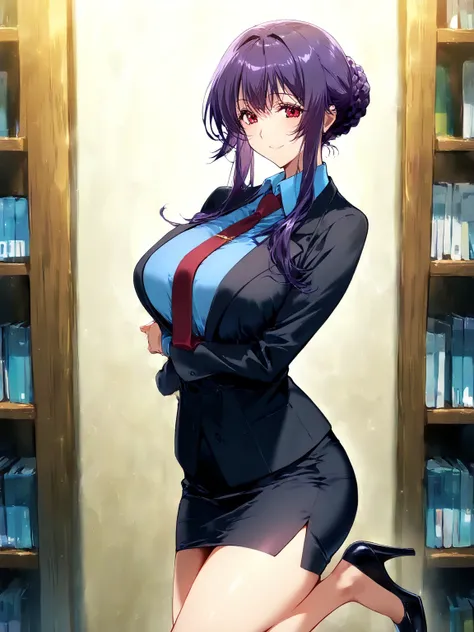 score_9, score_8_up, score_7_up, 
1girl, sakurai sawa, purple hair, mature female, long sidelocks, braided bun, red eyes, large breasts,

smile, looking at viewer, blue shirt, black jacket,micro pencil skirt,highheel, necktie, 


