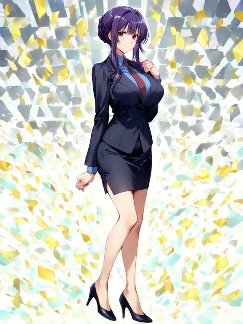 score_9, score_8_up, score_7_up, 
1girl, sakurai sawa, purple hair, mature female, long sidelocks, braided bun, red eyes, large breasts,

smile, looking at viewer, blue shirt, black jacket,micro pencil skirt,highheel, necktie, 


