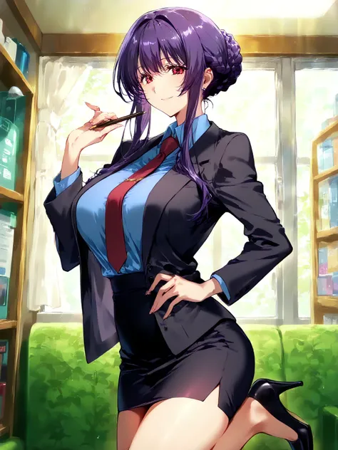 score_9, score_8_up, score_7_up, 
1girl, sakurai sawa, purple hair, mature female, long sidelocks, braided bun, red eyes, large breasts,

smile, looking at viewer, blue shirt, black jacket,micro pencil skirt,highheel, necktie, 


