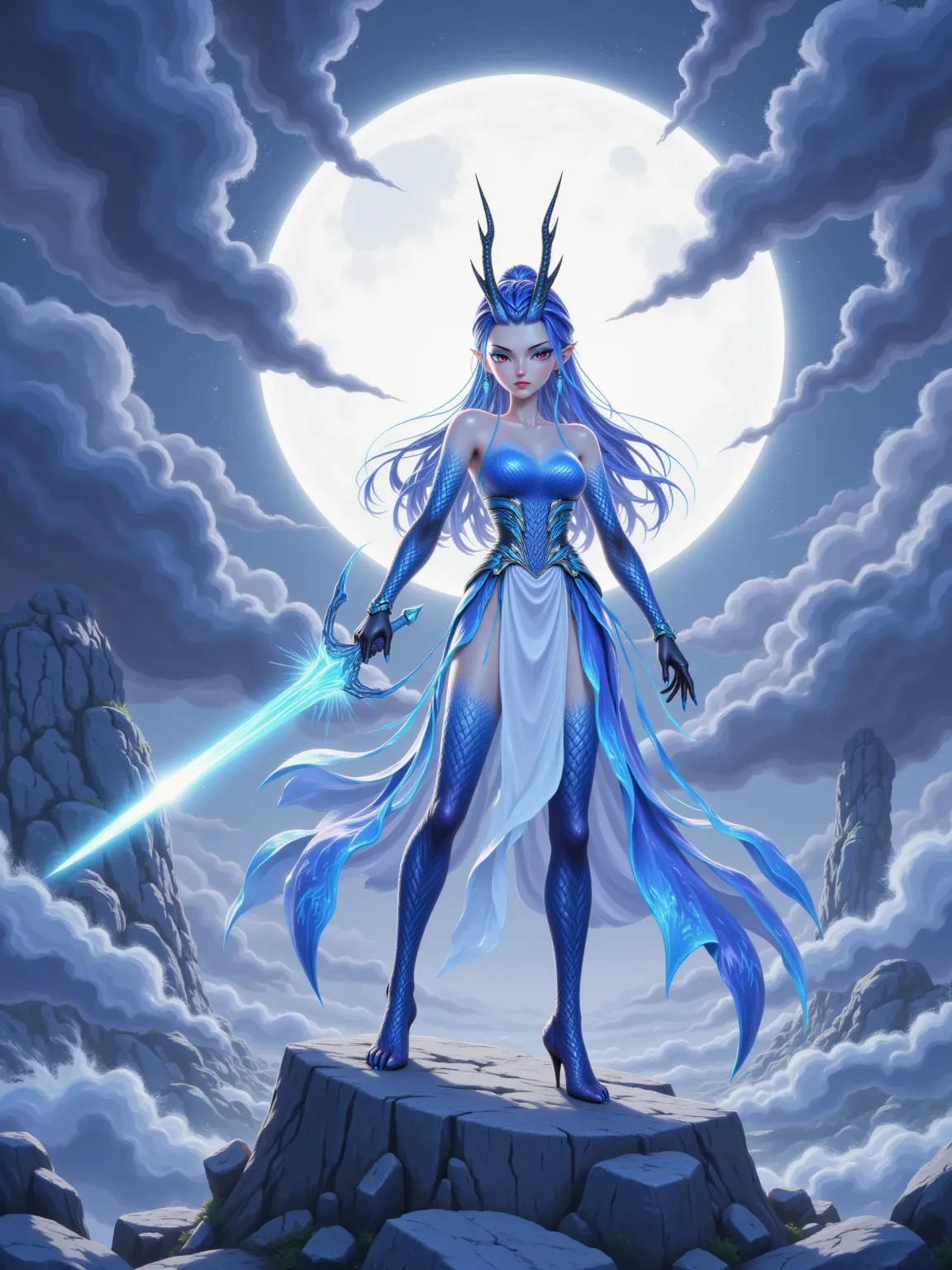 Standing in typhoon's eye atop glacial tornadoes, Aorun holds a black-hole-like thunder orb in left hand while controlling Pacific currents into a liquid greatsword with right. The orb's hypernova EMP melts celestial armadas, as her aqueous blade cleaves c...