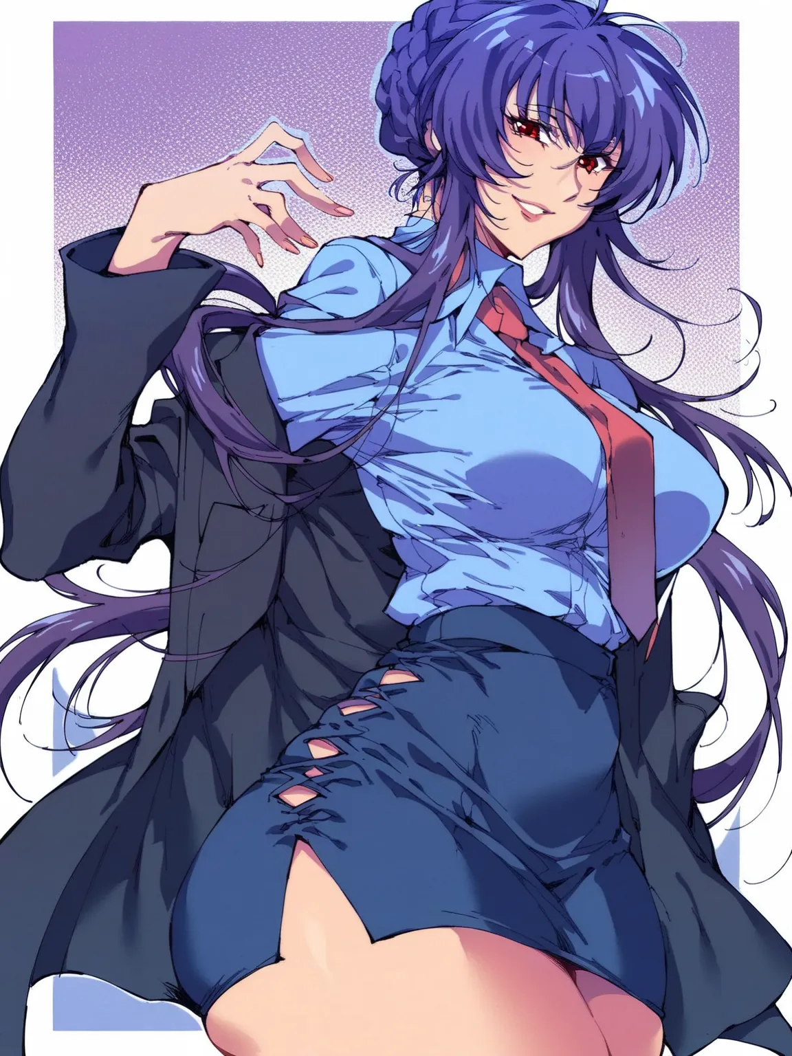 score_9, score_8_up, score_7_up, 
1girl, sakurai sawa, purple hair, mature female, long sidelocks, braided bun, red eyes, large breasts,

smile, looking at viewer, blue shirt, black jacket,micro pencil skirt,highheel, necktie, 


