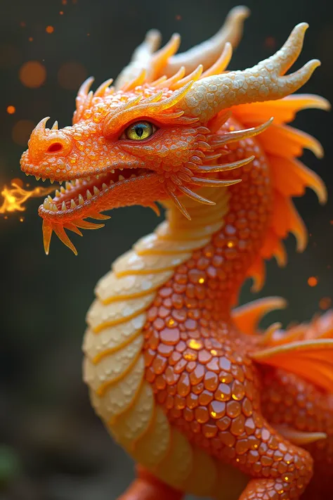  A dragon with scales made of orange gemstones and moonstone. It breathes fire .