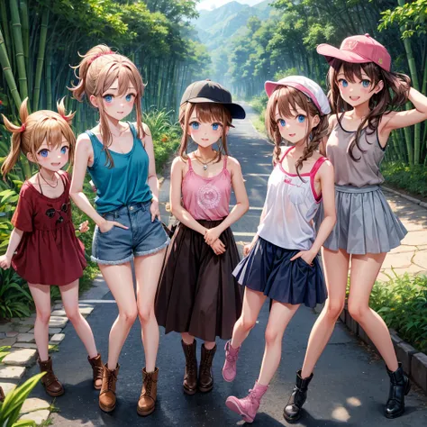  pink brown brown hair、  blue eyes、  Has hair tied  、Two cute people、  check mini skirt、  black t-shirt、 Light clothing、  tank top、  camisole、 high socks、 Boots、 teeth inside、  The Road Is Crooked 、Mountain々、Stick together  、 bamboo forest、 chest pocket  、...