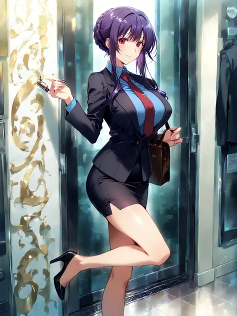 score_9, score_8_up, score_7_up, 
1girl, sakurai sawa, purple hair, mature female, long sidelocks, braided bun, red eyes, large breasts,

smile, looking at viewer, blue shirt, black jacket,micro pencil skirt,highheel, necktie, 


