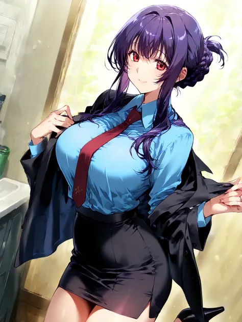 score_9, score_8_up, score_7_up, 
1girl, sakurai sawa, purple hair, mature female, long sidelocks, braided bun, red eyes, large breasts,

smile, looking at viewer, blue shirt, black jacket,micro pencil skirt,highheel, necktie, 


