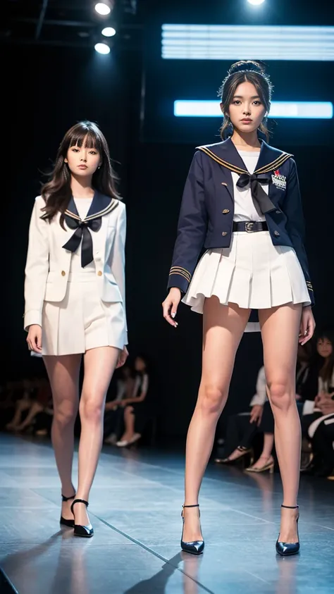 (spread cute pussy),5 girls,Roromiya,*"A grand, glamorous Tokyo Girls' Sailor Uniform Collection Contest, set on a luxurious, illuminated runway with a modern, neon-lit Tokyo cityscape in the background. The event features a group of stunning Japanese mode...