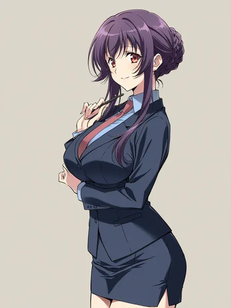 score_9, score_8_up, score_7_up, 
1girl, sakurai sawa, purple hair, mature female, long sidelocks, braided bun, red eyes, large breasts,

smile, looking at viewer, blue shirt, black jacket,micro pencil skirt,highheel, necktie, 


