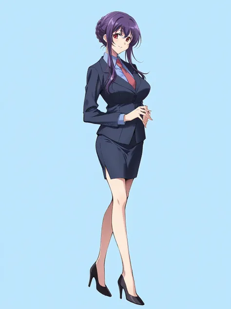 score_9, score_8_up, score_7_up, 
1girl, sakurai sawa, purple hair, mature female, long sidelocks, braided bun, red eyes, large breasts,

smile, looking at viewer, blue shirt, black jacket,micro pencil skirt,highheel, necktie, 


