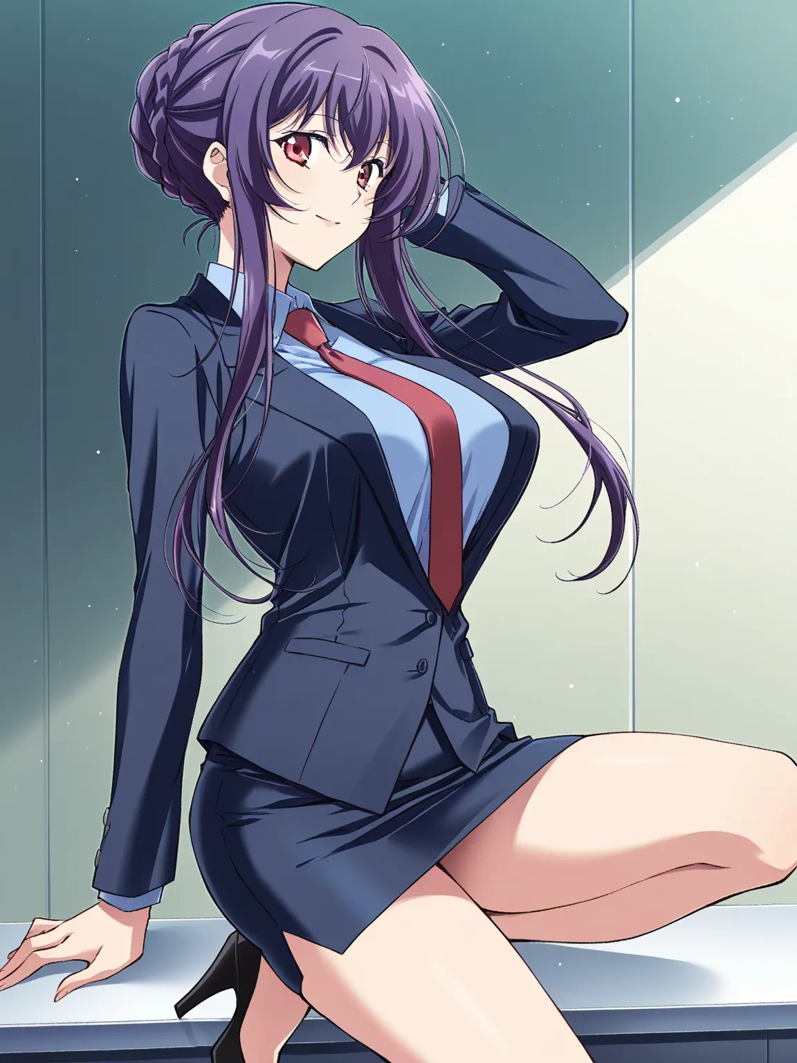 score_9, score_8_up, score_7_up, 
1girl, sakurai sawa, purple hair, mature female, long sidelocks, braided bun, red eyes, large breasts,

smile, looking at viewer, blue shirt, black jacket,micro pencil skirt,highheel, necktie, 


