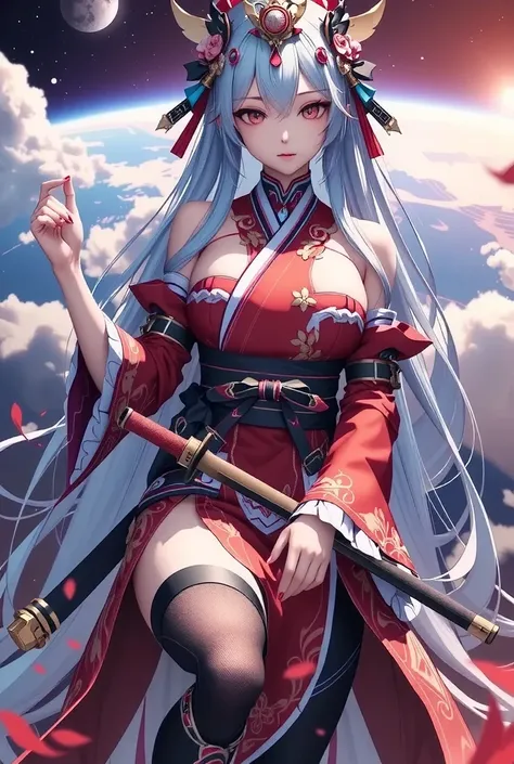 (((Pixel Perfect, Perfect in every detail))), correct anatomy, many details, Sugegasa, Space Samurai, Full Body, Cyberpunk, Outer Space, Large katana Carried Next to Waist, Thigh High Socks, Mechanical Legs, Wearing red samurai armor, full body, Drunk eyes...