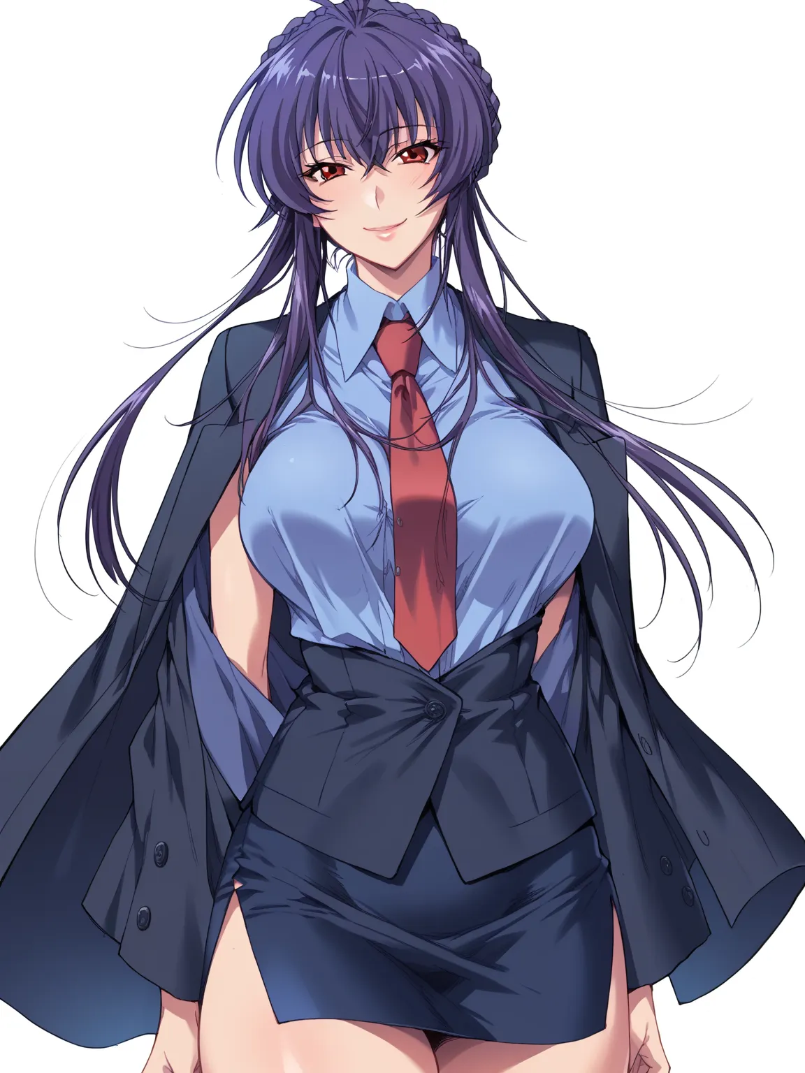 score_9, score_8_up, score_7_up, 
1girl, sakurai sawa, purple hair, mature female, long sidelocks, braided bun, red eyes, large breasts,

smile, looking at viewer, blue shirt, black jacket,micro pencil skirt,highheel, necktie, 


