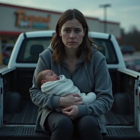 A woman with a sad expression is sitting in the back of a pickup truck, holding a baby wrapped in a blanket. She wears a casual hoodie and dark pants. The setting is a supermarket parking lot with shopping carts and a store in the background. The atmospher...