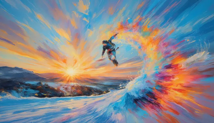 extreme sports photography merged with abstract expressionism, low-angle view capturing a snowboarder suspended in a backflip, swirling snow crystals and paint splatters in bright blues and reds create motion blur effect, dramatic shadows on pristine snow,...