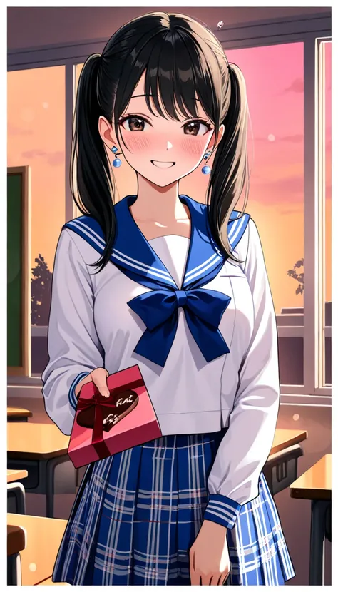 ( beautiful girl : 1.3), 1 girl,( sailor suit, Long Sleeve, check skirt, earrings), black hair, twin tails,smile,panic, is bashful,blush, offer a package containing chocolate, Valentine's Day ,evening,Empty classroom,masterpiece, top quality, ultra high re...