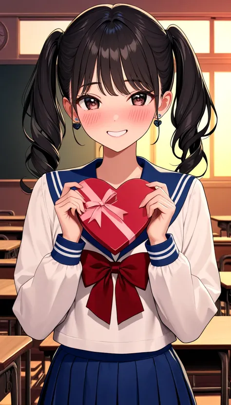 ( beautiful girl : 1.3), 1 girl,( sailor suit, Long Sleeve, check skirt, earrings), black hair, twin tails,smile,panic, is bashful,blush, offer a package containing chocolate, Valentine's Day ,evening,Empty classroom,masterpiece, top quality, ultra high re...