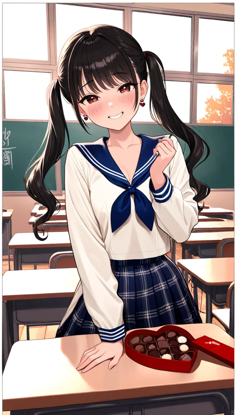 ( beautiful girl : 1.3), 1 girl,( sailor suit, Long Sleeve, check skirt, earrings), black hair, twin tails,smile,panic, is bashful,blush, offer a package containing chocolate, Valentine's Day ,evening,Empty classroom,masterpiece, top quality, ultra high re...