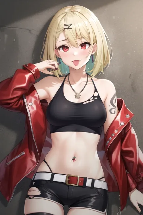 (masterpiece, best quality:1.2),illustration,absurdres,8k,hd,1girl,solo,upper body,(portrait:1.2),sr-2 (girls' frontline),bare shoulders,black legwear,black shorts,black tank top,blue belt,blue nails,boots,chain,collarbone,crop top,earrings,eye piercing,ey...